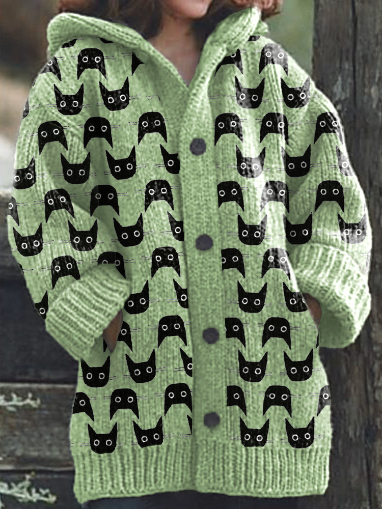 Cute Cats Pattern Cozy Knit Hooded Cardigan elevenforest
