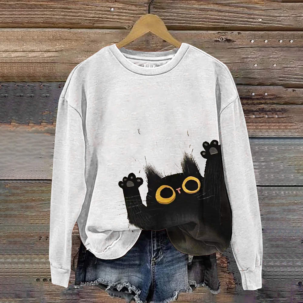 Funny Black Cat Print Casual Crew Neck Sweatshirt elevenforest
