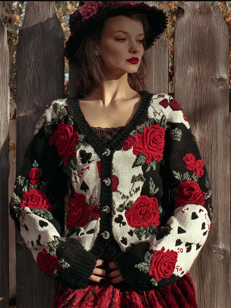 80s Retro Poker Inspired Red Roses Colorblock Cozy Knit Cardigan artswardrobe