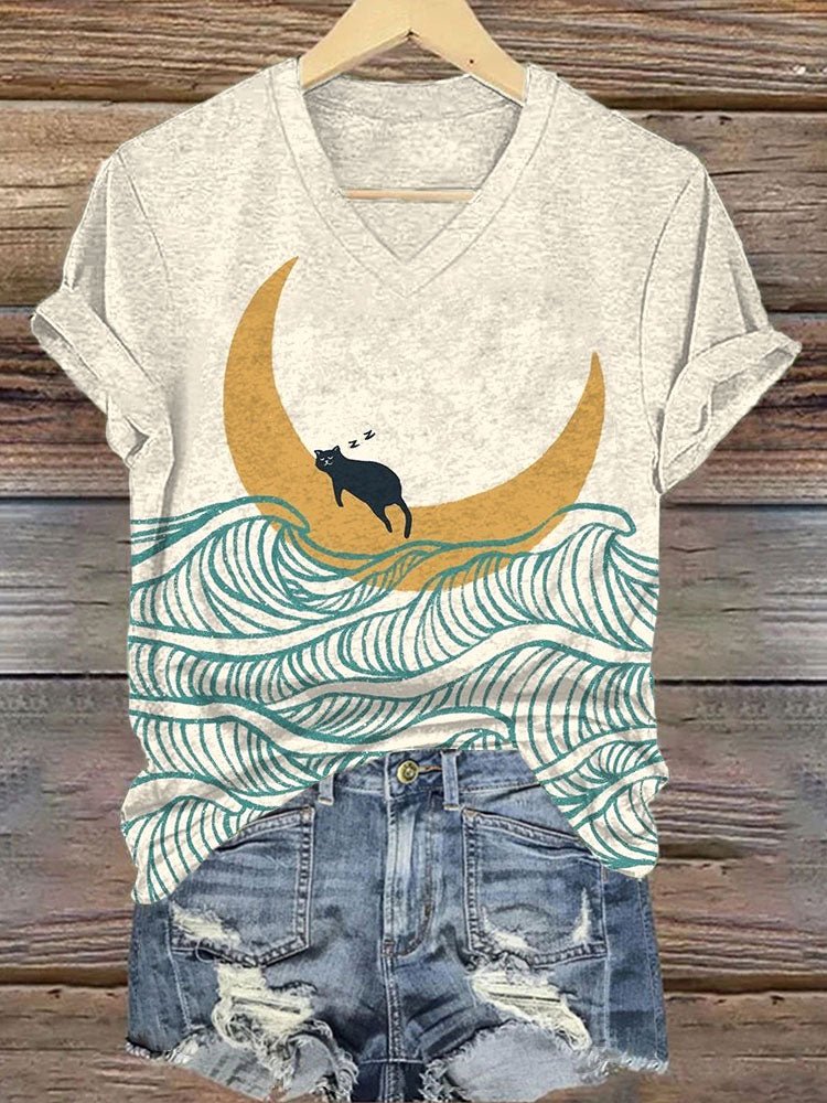 Cat and Waves Art Print V-Neck T-Shirt elevenforest