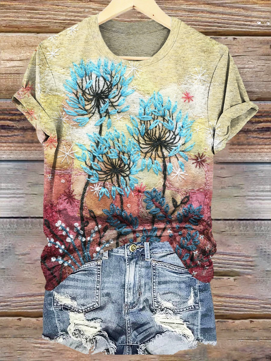 Women's Vintage Dandelion Floral Texture Patterns Print Crew Neck T-sh
