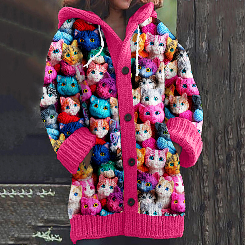 Comstylish Cat Art Print Knitted Hooded Cardigan