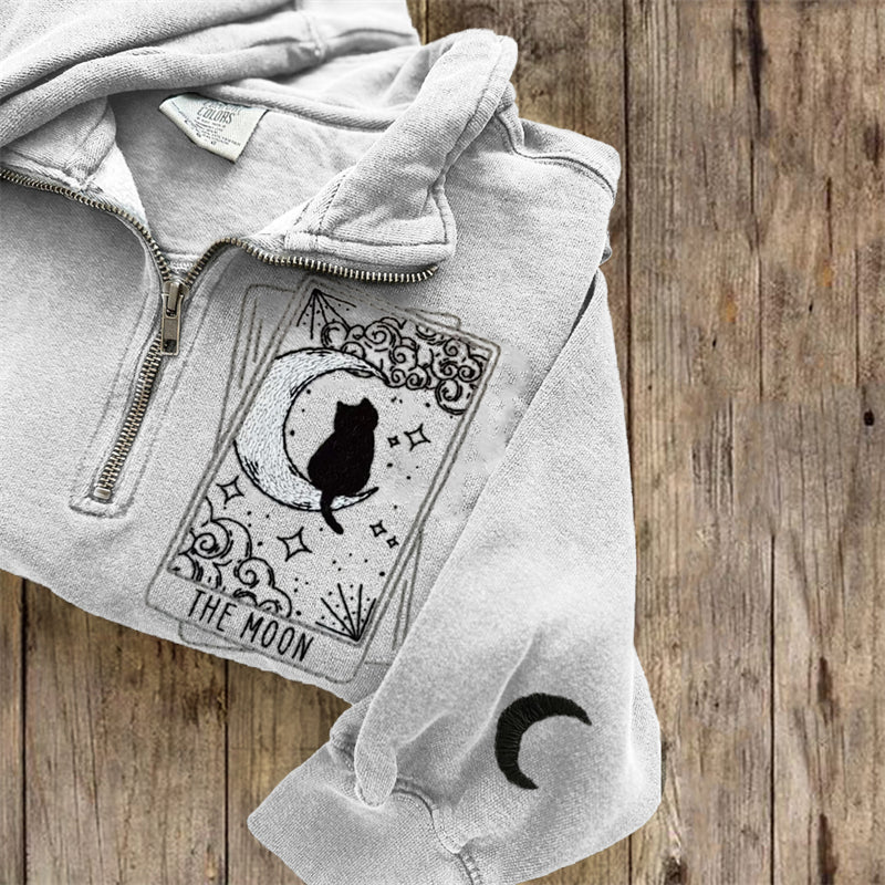 The Moon Tarot Cat Embroidered Zip Up Sweatshirt elevenforest