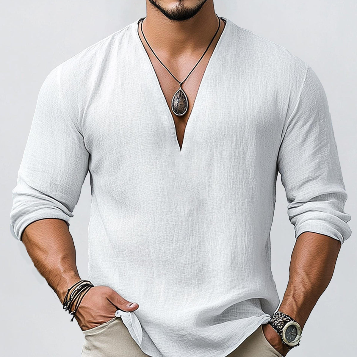 Men's Solid Color V Neck Casual Linen Shirt artswardrobe