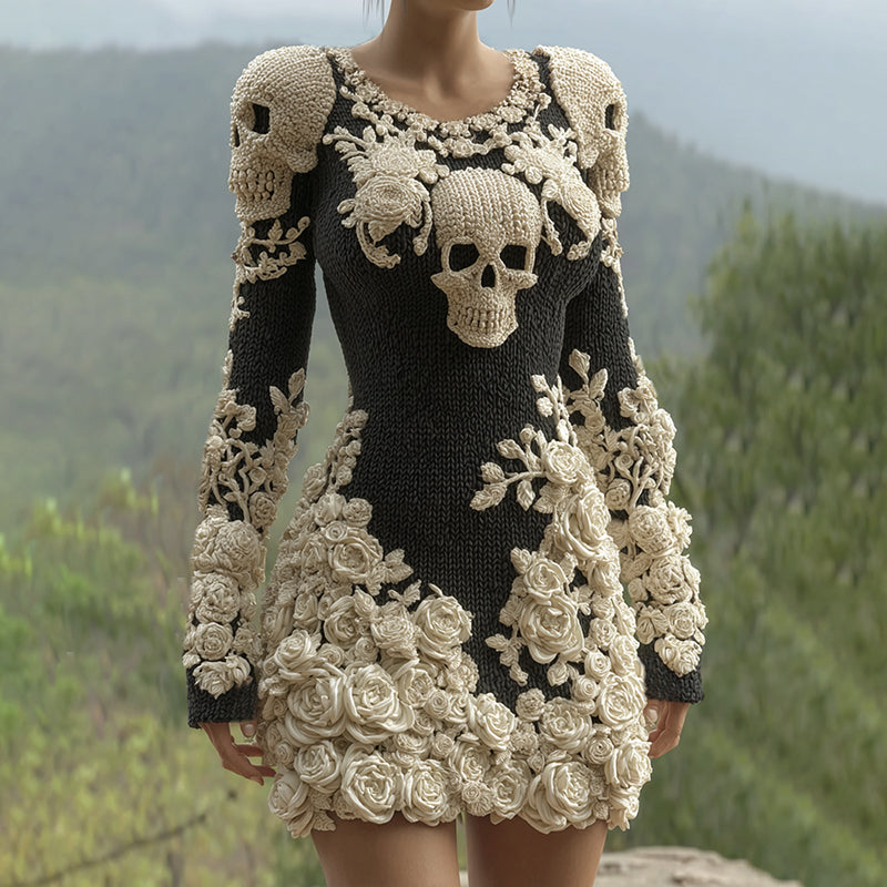 Women's Hot Sexy Style Halloween Skeleton Bones Leather With Rose Pattern Art Cozy Knit Mini Sweater Dress artswardrobe