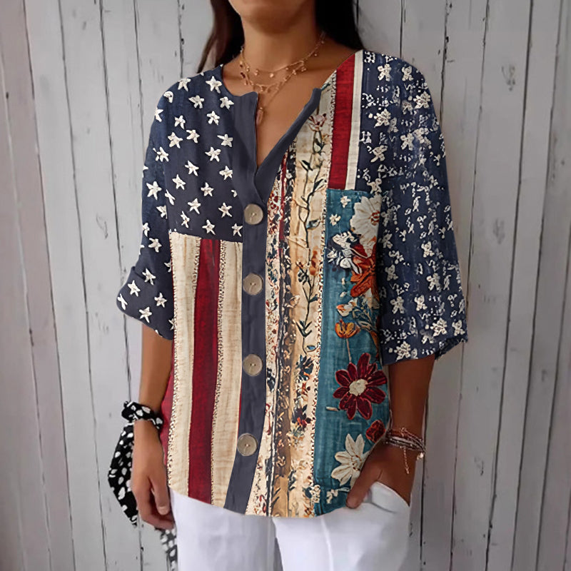 Women's Independence Day American Flag & Floral Patchwork Line Print Button Linen Blend Shirt artswardrobe