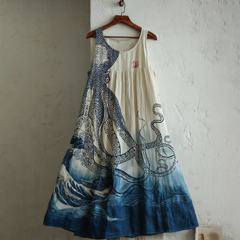 Japanese Octopus With Gradient Art Linen Tank Dress artswardrobe