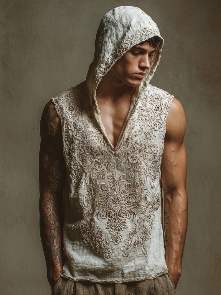 Men's Floral Lace Embroidered Hooded Linen Tank artswardrobe