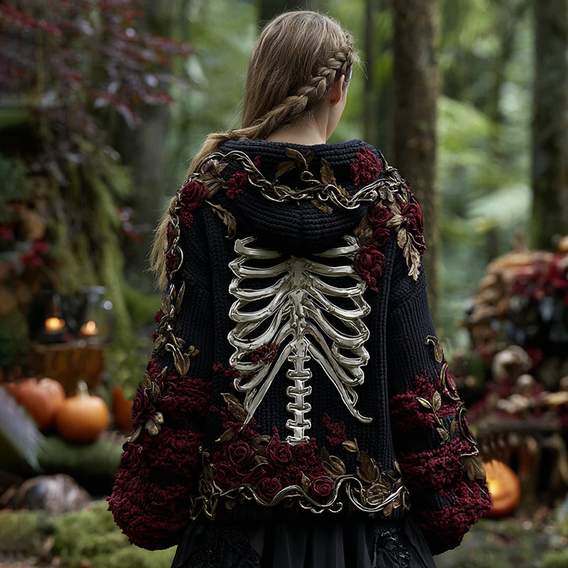 Women's Halloween Vintage Rose And Skull Pattern Knit Hooded Sweater artswardrobe