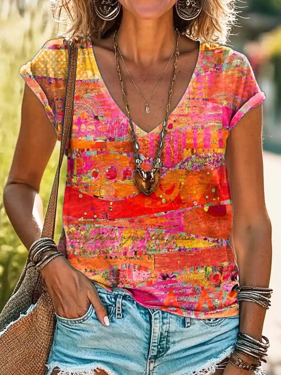 Women's Abstract Textured Art Graphic Print 100% Cotton V Neck Tee