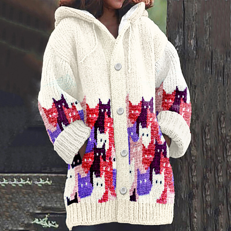 Whimsical Colorful Cats Art Cozy Hooded Cardigan elevenforest