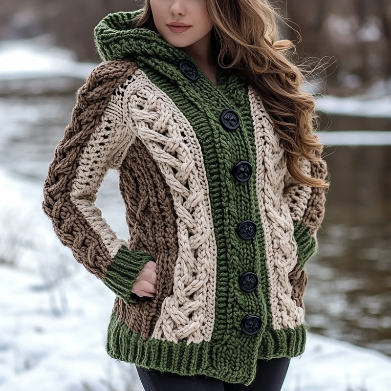 Women's Irish Celtic Knot Jacquard Ireland's Contrast Hooded Sweater artswardrobe