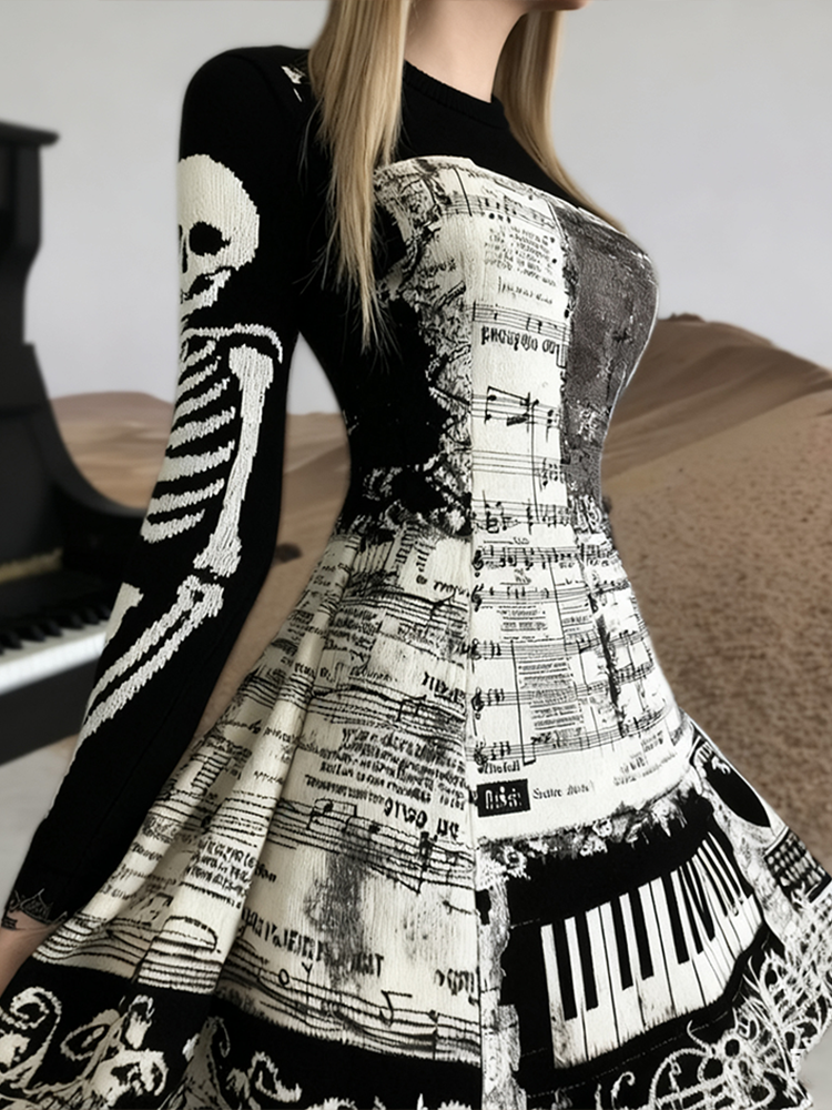 Halloween Gothic Music Elements Women's Round Neck Knit Sweater Dress artswardrobe