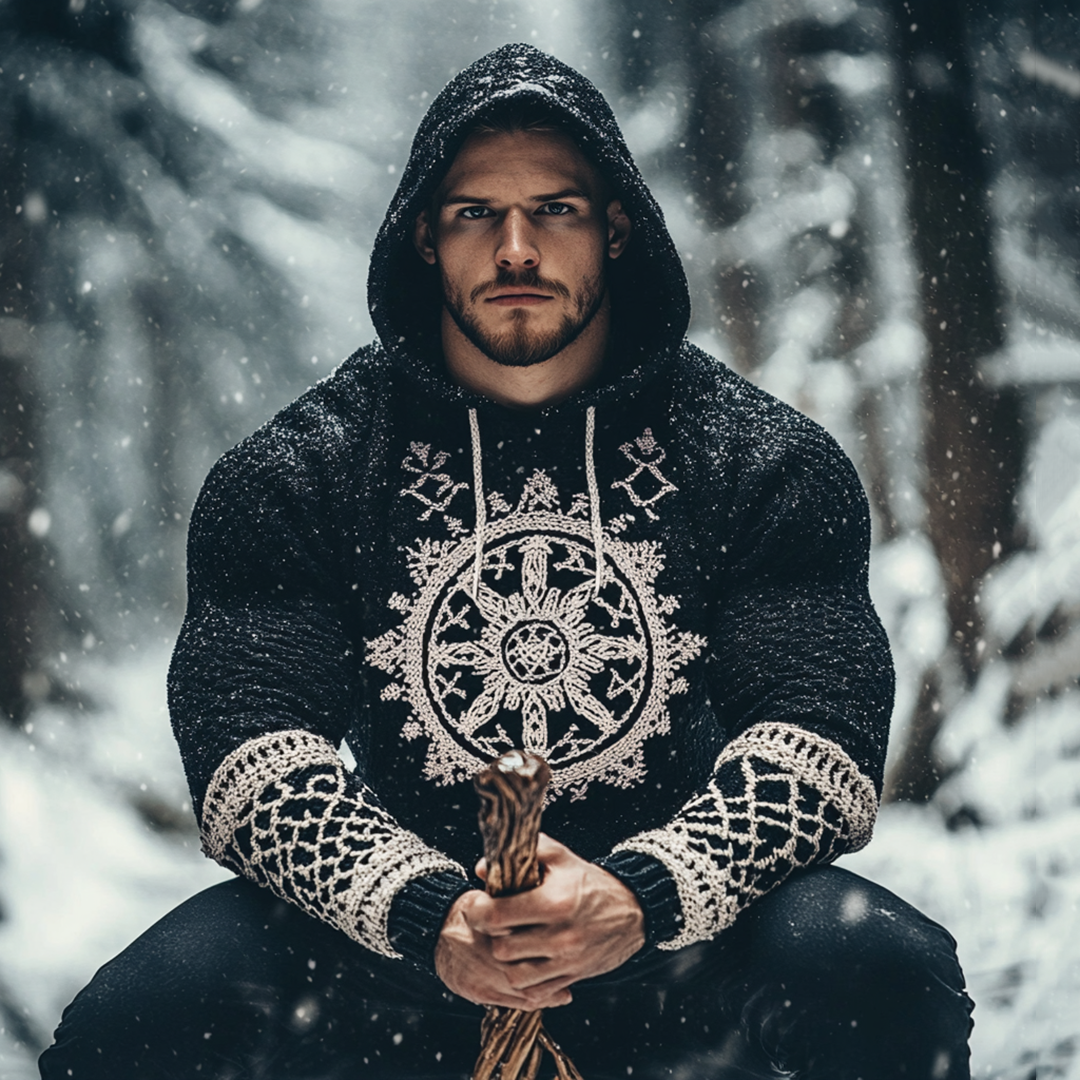 Men's Viking Dreamcatcher Tribal Jacquard Celtic Inspired Chunky Knit Hooded Sweater artswardrobe