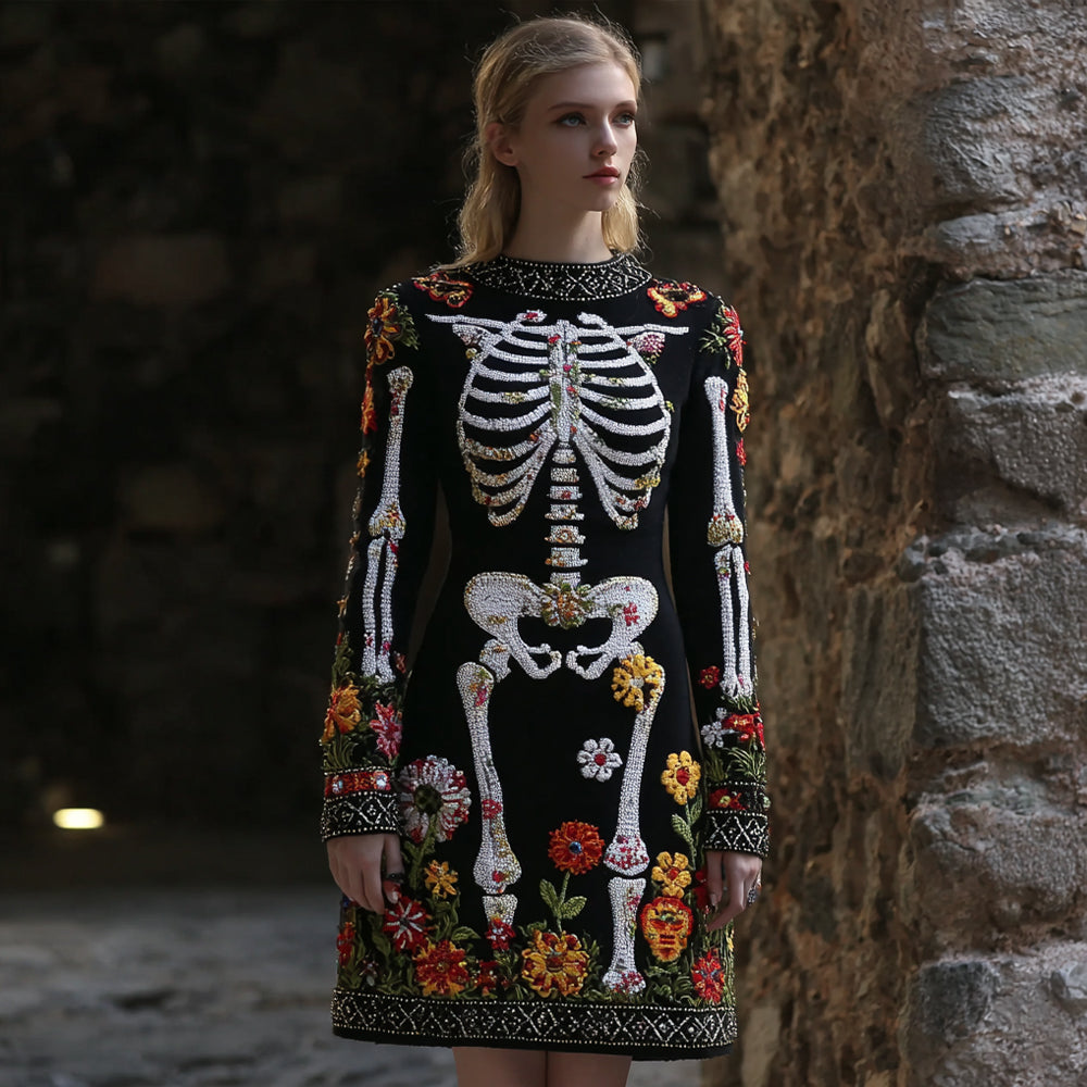 Women's Vintage Halloween Skeleton Bones Flower Comfortable Elegant Sweater Dress artswardrobe