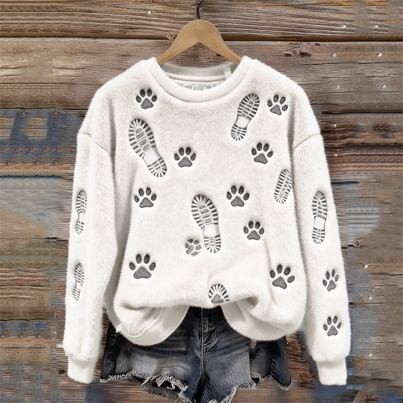 Comstylish Lovely Paw Prints On Snow Fuzzy Plush Sweatshirt