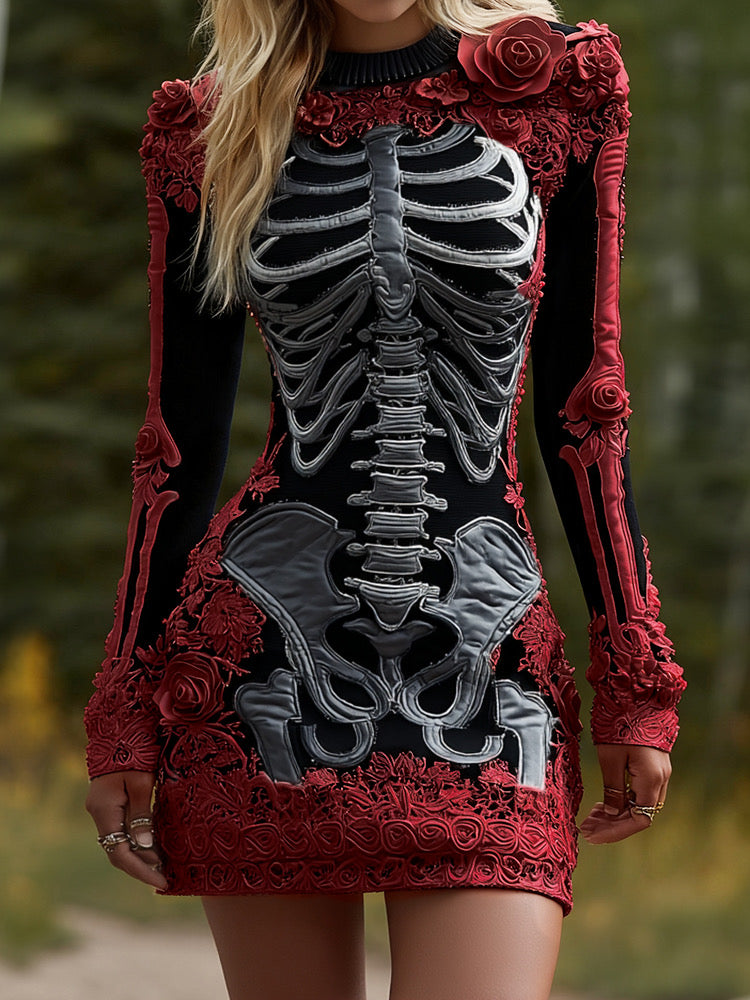 Women's Halloween Skeleton Bones Leather With Rose Pattern Art Hot Sexy Style Cozy Knit Mini Sweater Dress artswardrobe