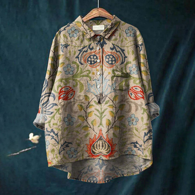 Comstylish Women's Vintage Ethnic Floral Art Print Casual Cotton Linen Shirt
