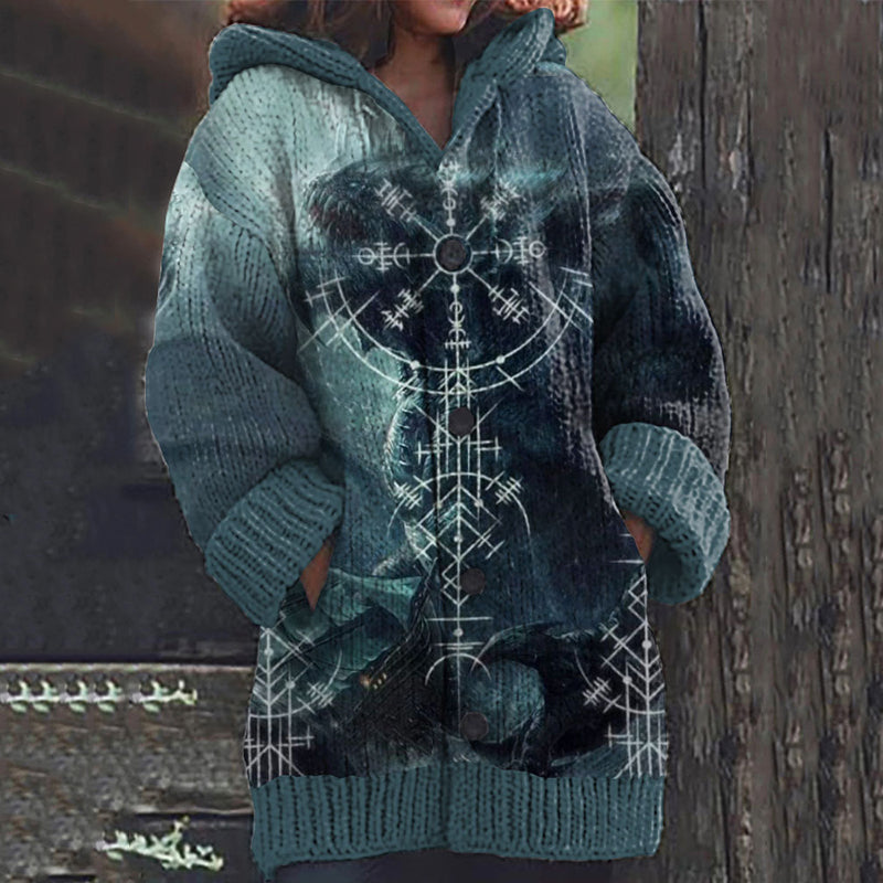Vintage Viking Compass Totem Sea Monster Pattern Sweater Cardigan elevenforest
