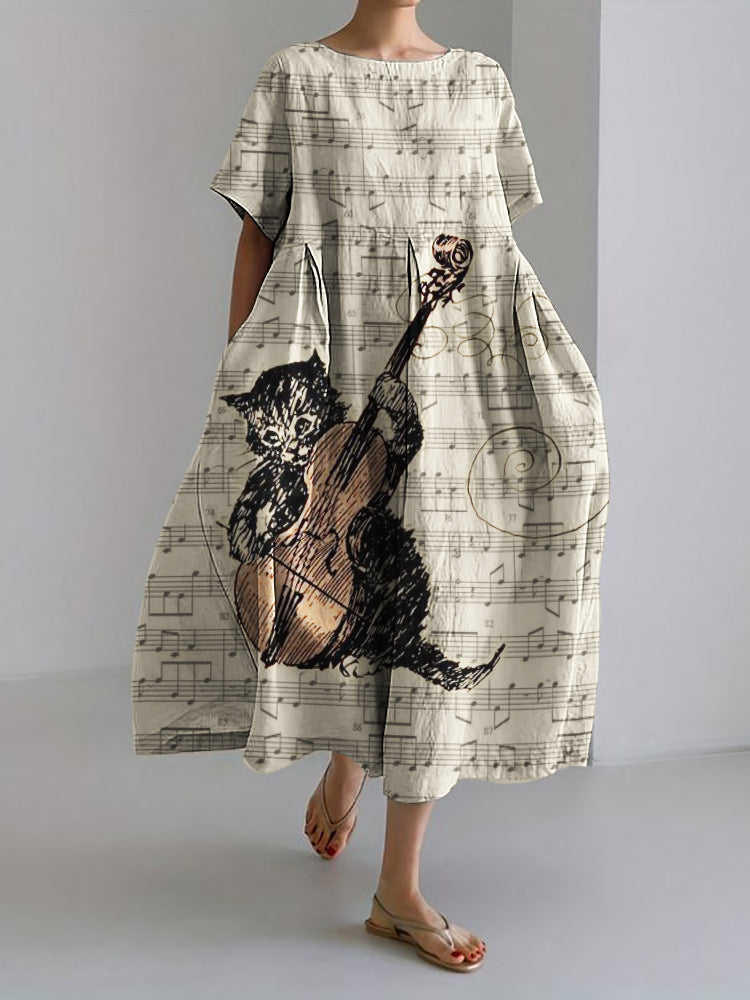 Comstylish Lovely Cat Musician Sheet Music Linen Blend Maxi Dress