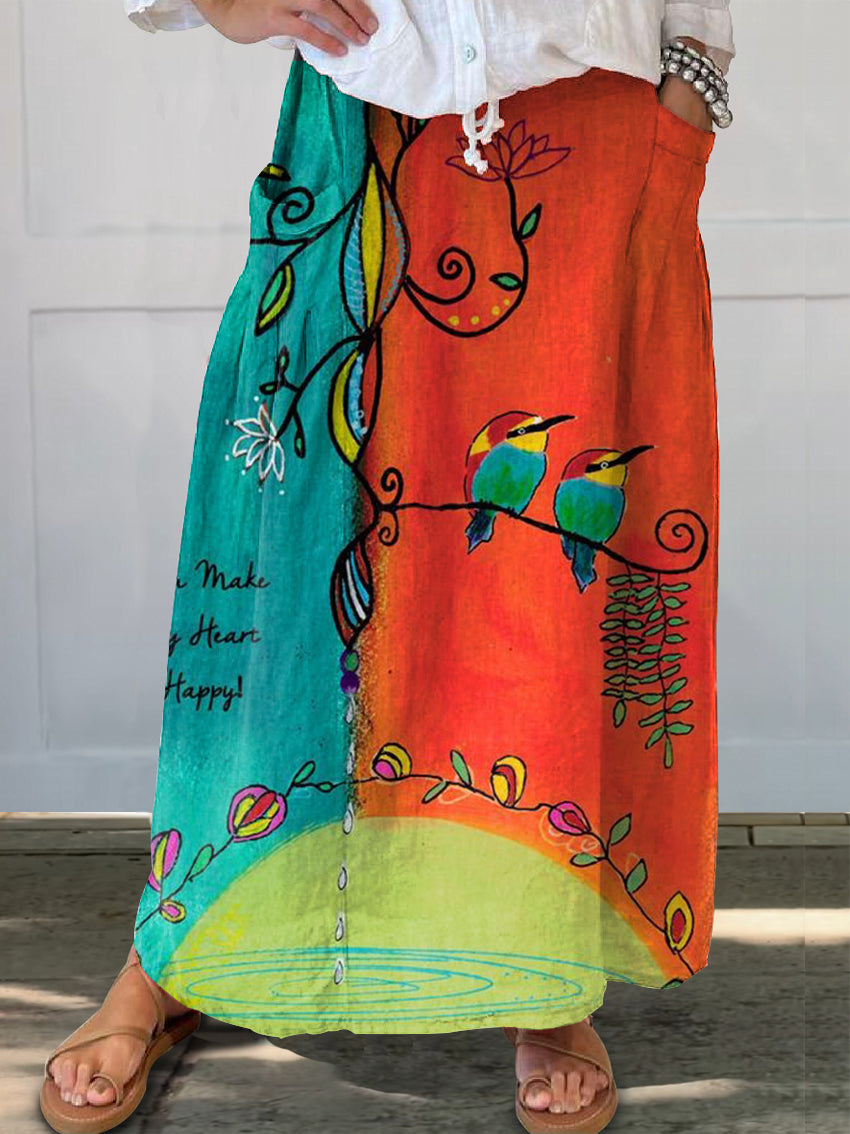 Women's Vintage Bird Art Print Linen Pocket Skirt