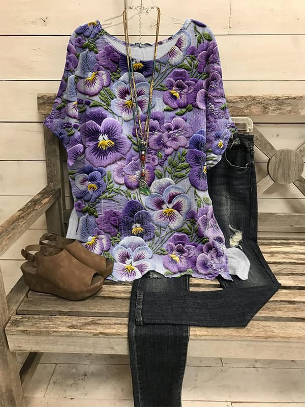 Women's Pansy Floral Pattern Short Sleeve T-Shirt