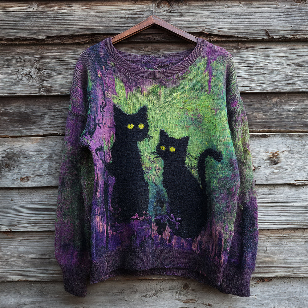 Halloween Black Cat Color Clash Women's Knitted Sweater elevenforest