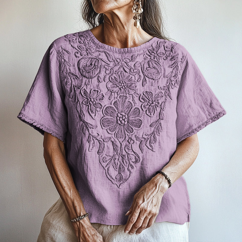 Floral Embroidered Round Neck Linen T-shirt artswardrobe
