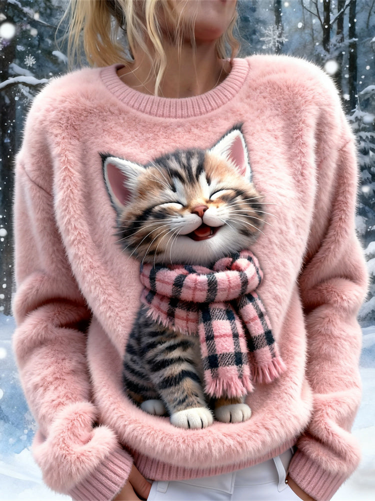 Comstylish Laughing Cat Design Women's Soft Plush Sweater