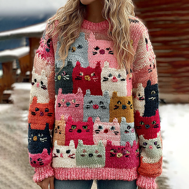 Colorful Winter Cats Pattern Art Cozy Knit Sweater elevenforest