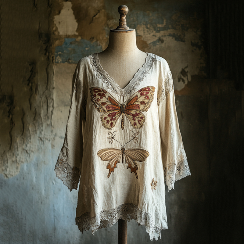 Women's Butterfly And Dragonfly Embroidery Linen Art V-neck Shirt artswardrobe