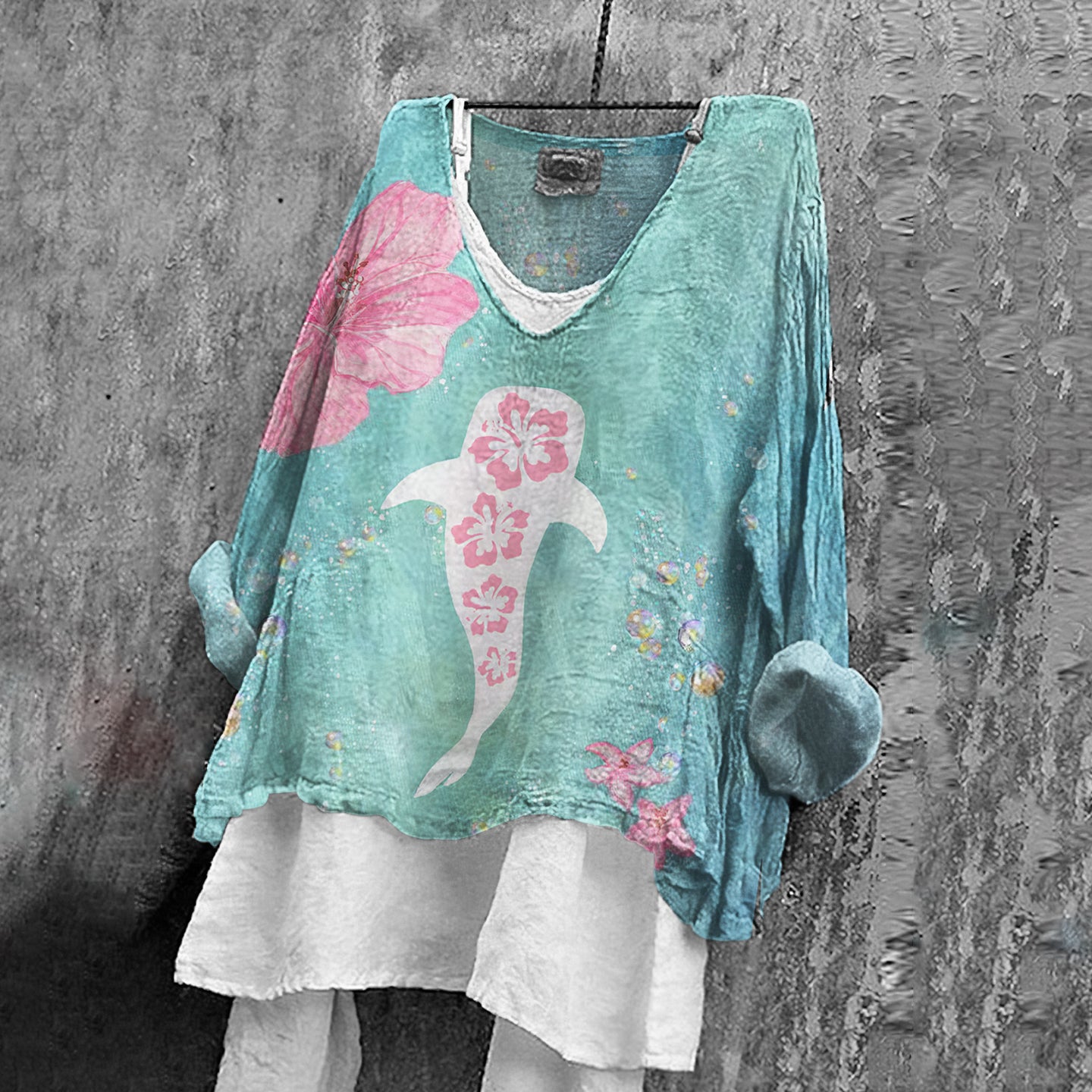 Whale In Summer Floral Art Pattern Linen Blend Tunic artswardrobe