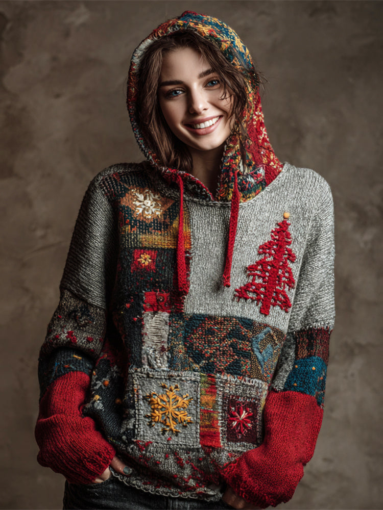 Vintage Christmas Tree Patchwork Art Women's Knit Hooded Sweater artswardrobe