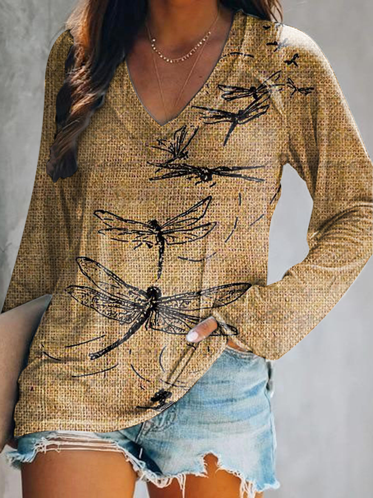 Women's Casual Vintage Dragonfly Art Print V Neck Long Sleeve Tops