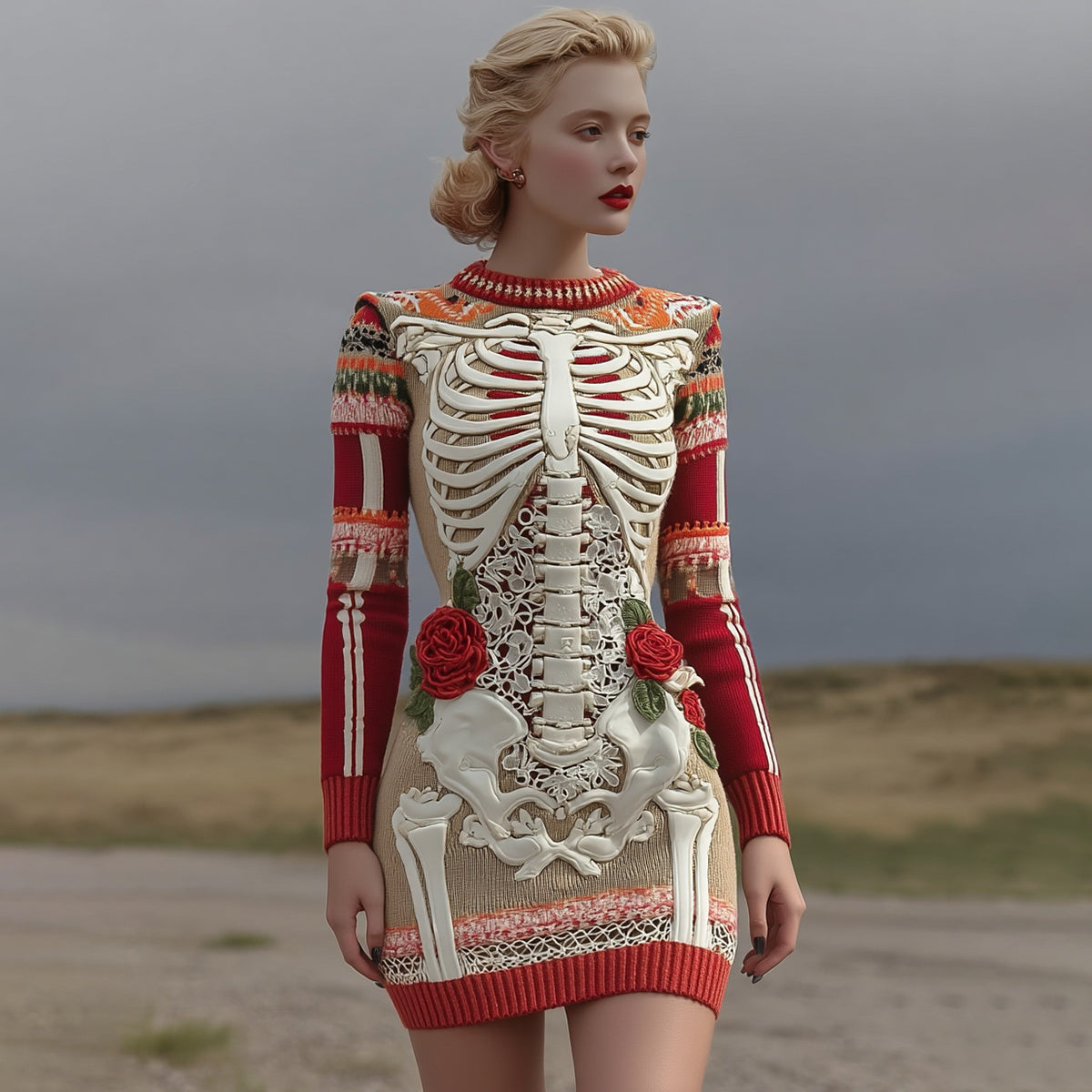 Women's Vintage Halloween Skeleton Bones With Rose Art Cozy Knit Mini Sweater Dress artswardrobe