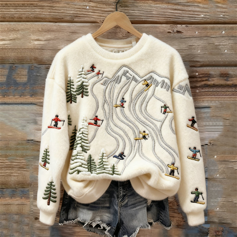 Ski Resorts Mountains Landscape Embroidered Cozy Plush Sweatshirt
