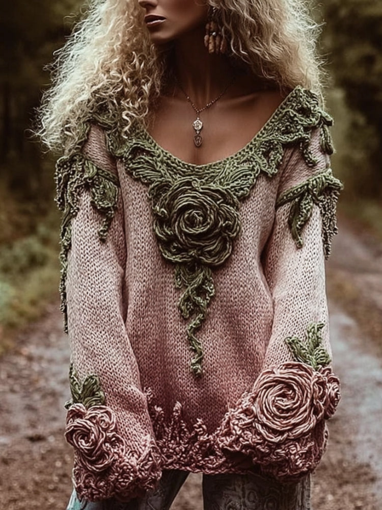 Women's Vintage Rose Embroidery Gradient V-neck Sweater artswardrobe