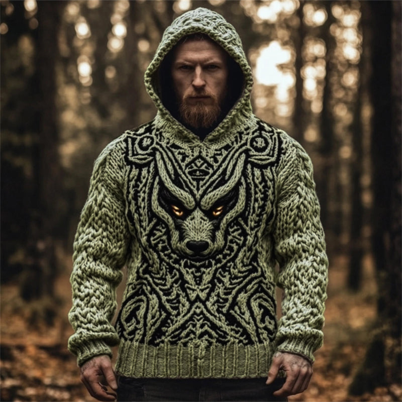 Men's Viking Wolf Celtic Cozy Chunky Hooded Sweater artswardrobe