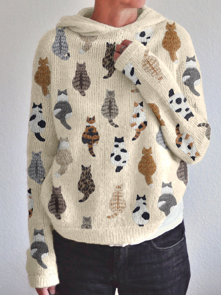 Cute Cats Embroidery Pattern Cozy Knit Hoodie elevenforest