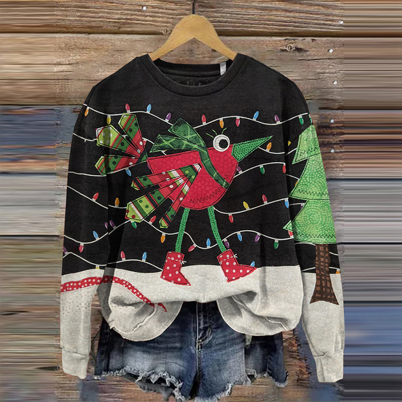 Comstylish Colorful Christmas Bird Print Casual Sweatshirt