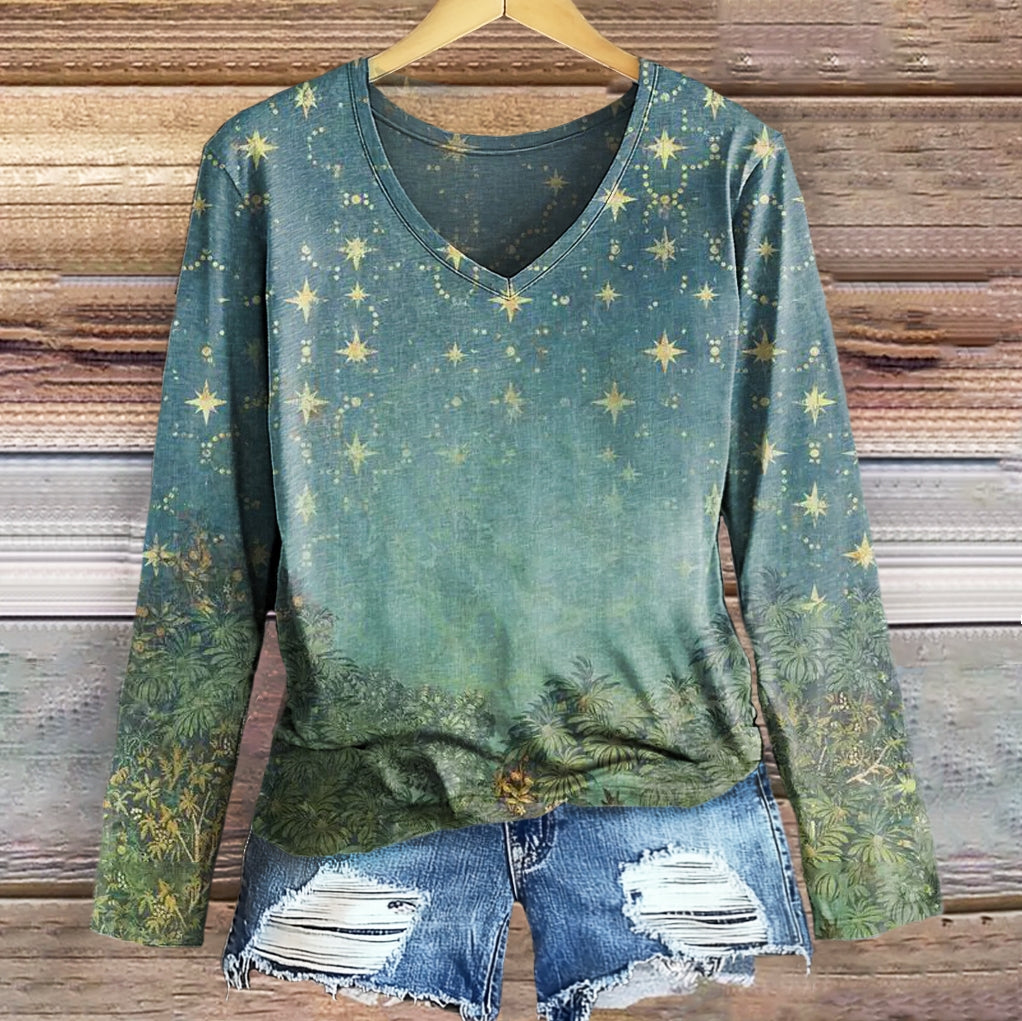 Women's Star Grove Pattern Art Print Casual V-Neck Long Sleeve T-Shirt