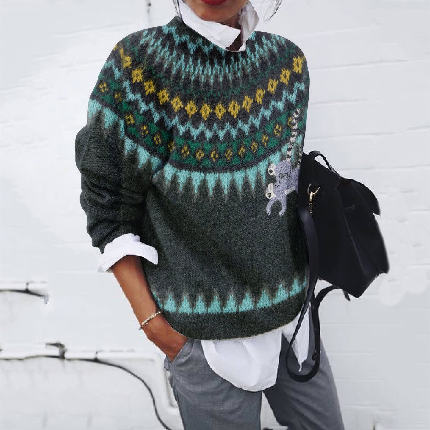 Vintage Icelandic Knitted Sloth Jacquard Warm Women's Sweater elevenforest