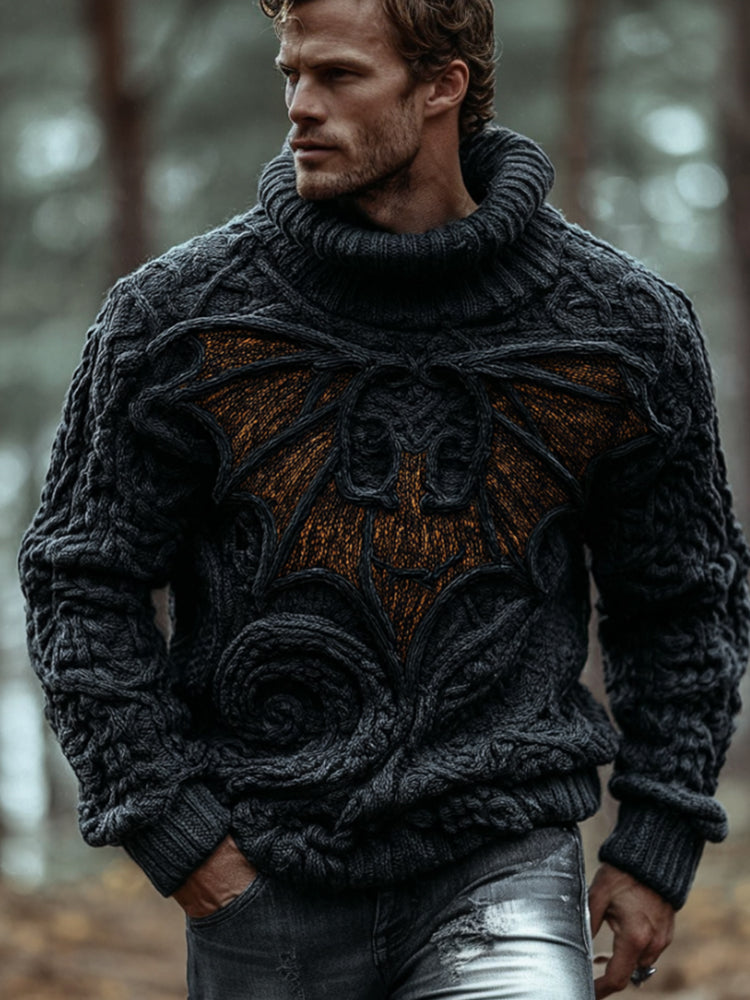 Men's Halloween 3d Embroidered Bat Pattern High Collar Sweater artswardrobe
