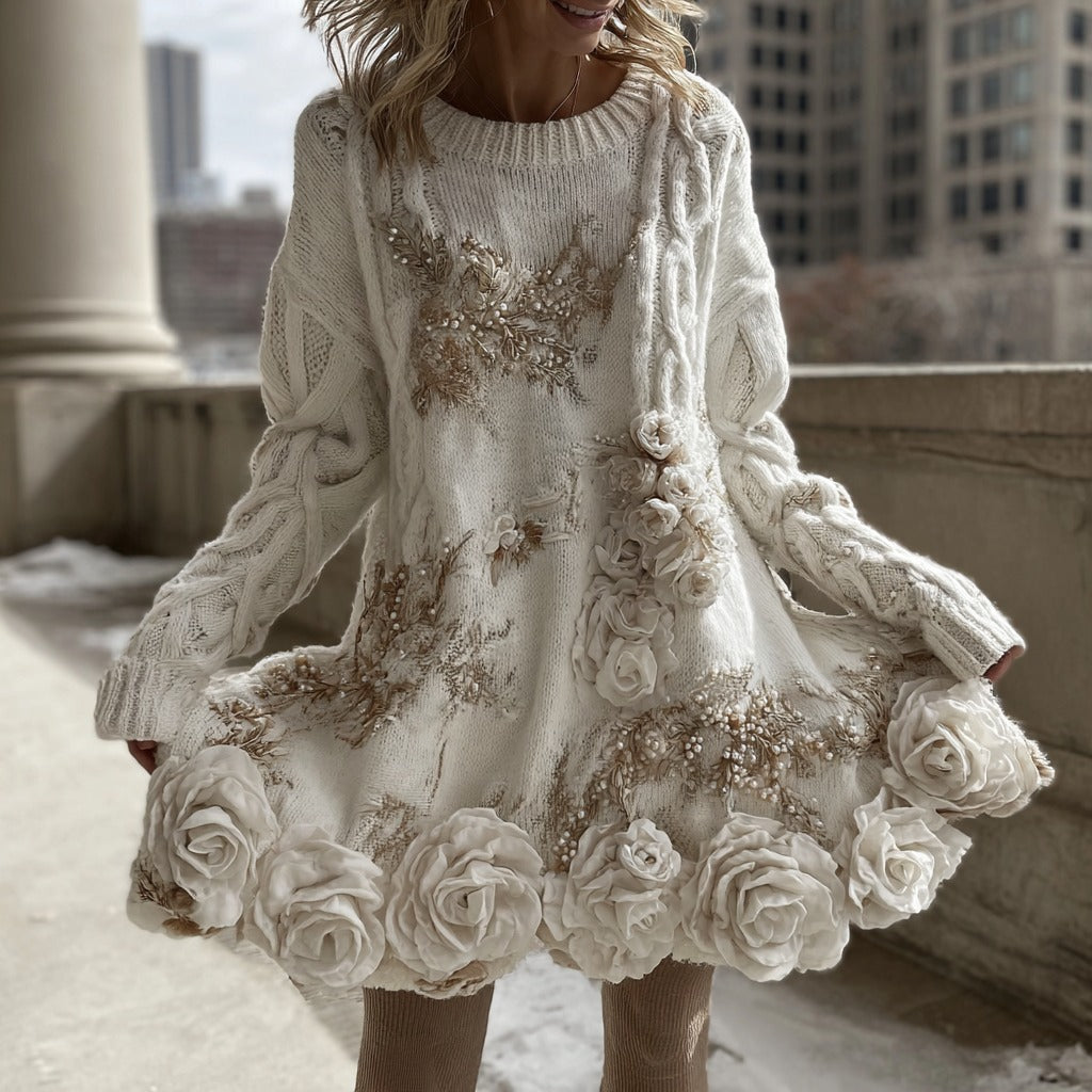 Vintage White Rose Pattern Chunky Knit Sweater Flared Skirt artswardrobe