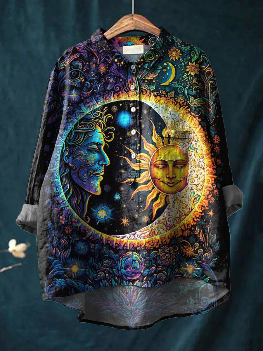 Vintage Lovely Sun And Moon Art Print Casual Cotton And Linen Shirt