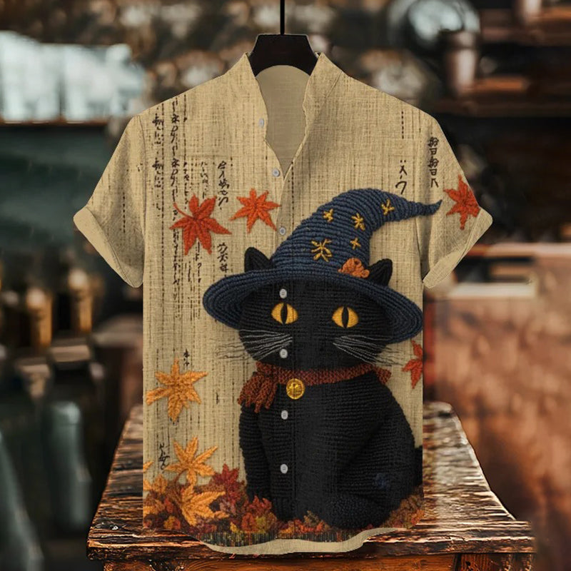 Men's Japanese Maple Leaf And Black Cat Art Print Casual Shirt artswardrobe