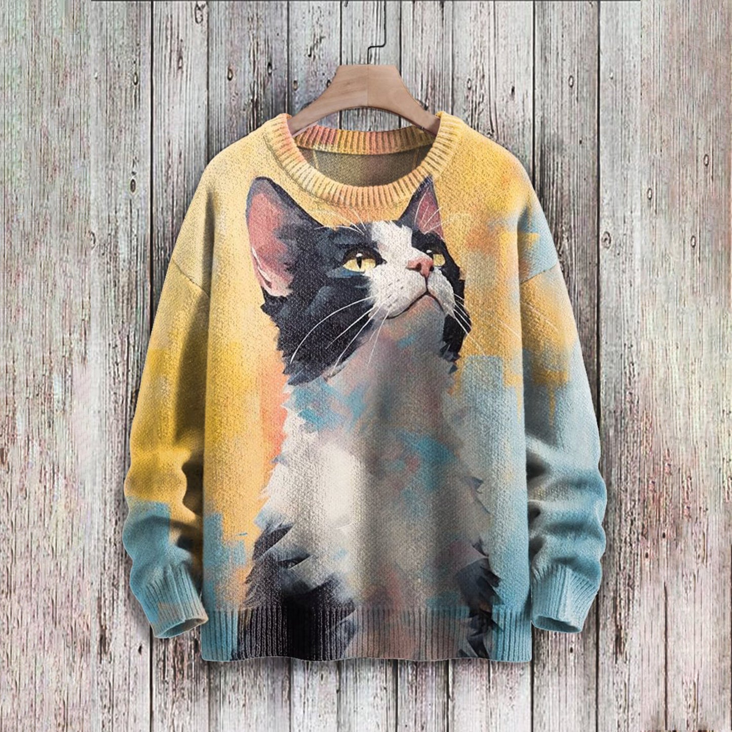 Oil Painting Style Cat Art Print Knitted Pullover Sweater elevenforest