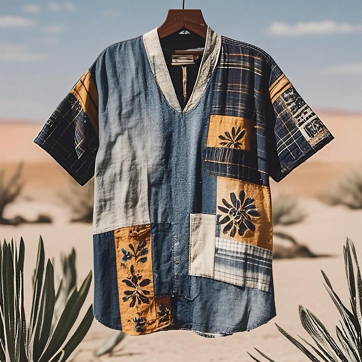 Men's Contrast Colors Patchwork Sun Linen T-shirt artswardrobe