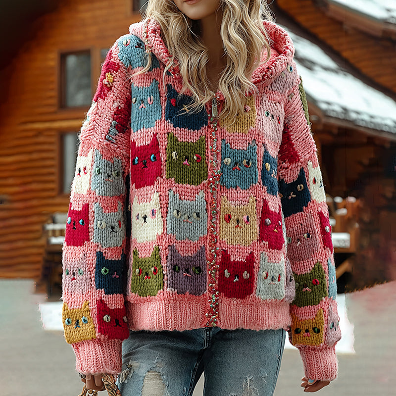 Colorful Cats Pattern Art Cozy Knit Cardigan artswardrobe