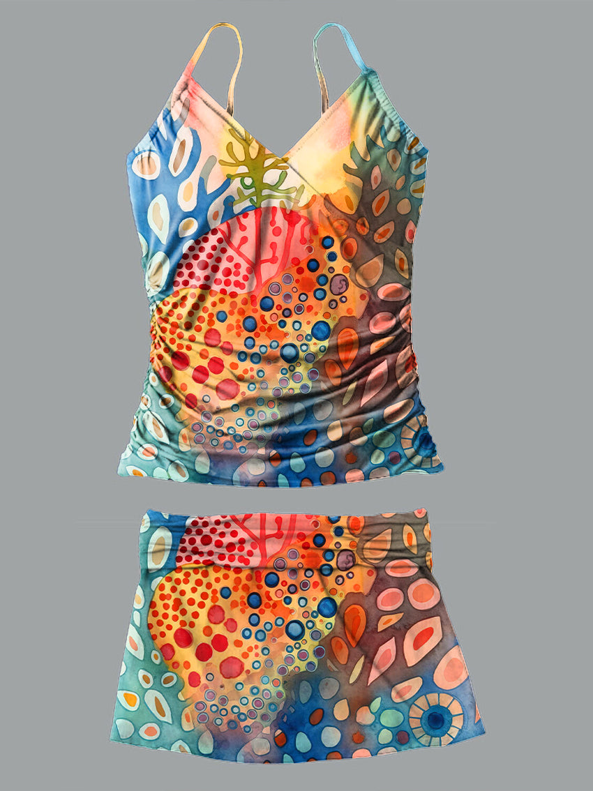 V-Neck Vintage Multicolor Coral Marine Life Art Print Suspender Skirt Tankini Pantskirt Set Swimsuit